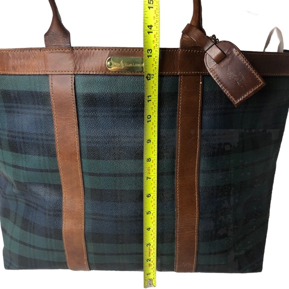MRALPH LAUREN Black Watch Plaid Oversized Coated Canvas Brown Leather Travel Bag - Picture 14 of 16